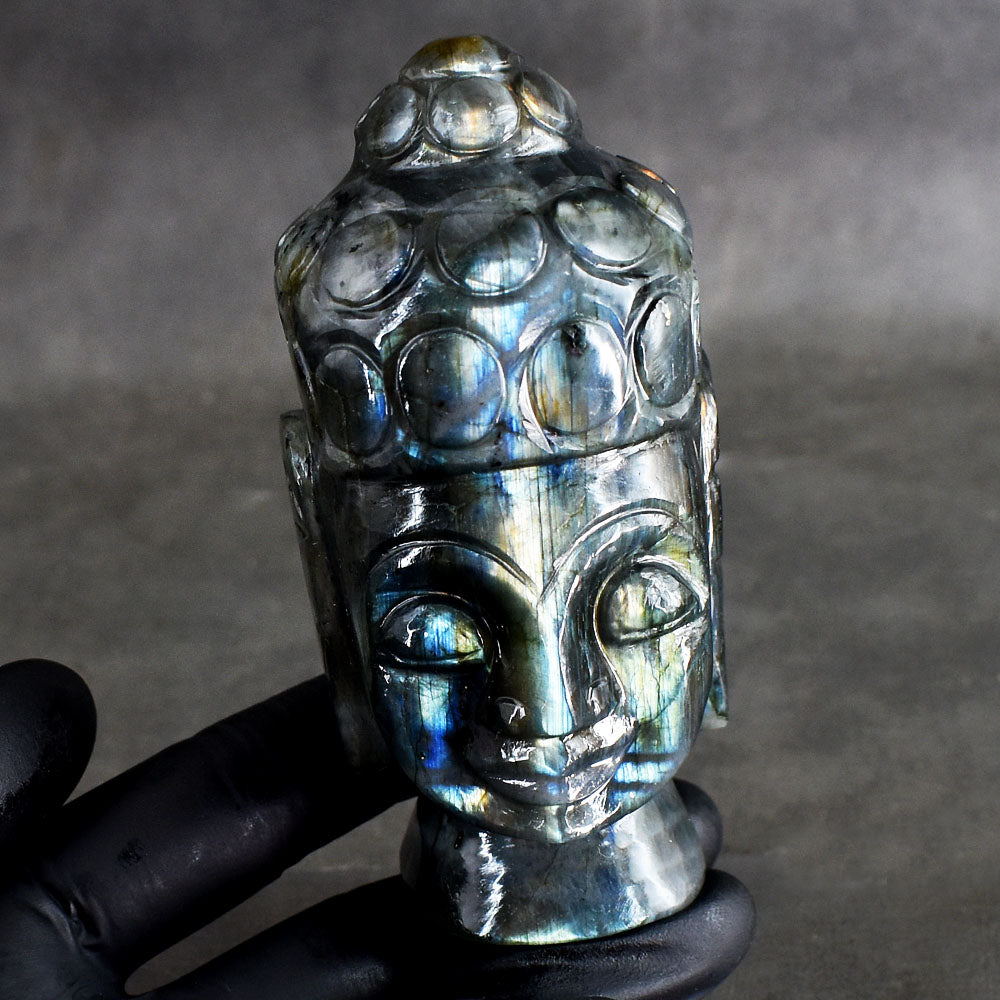 Natural 1742.00 Cts Genuine Golden & Blue Flash Labradorite Hand Carved Crystal Buddha Head Gemstone