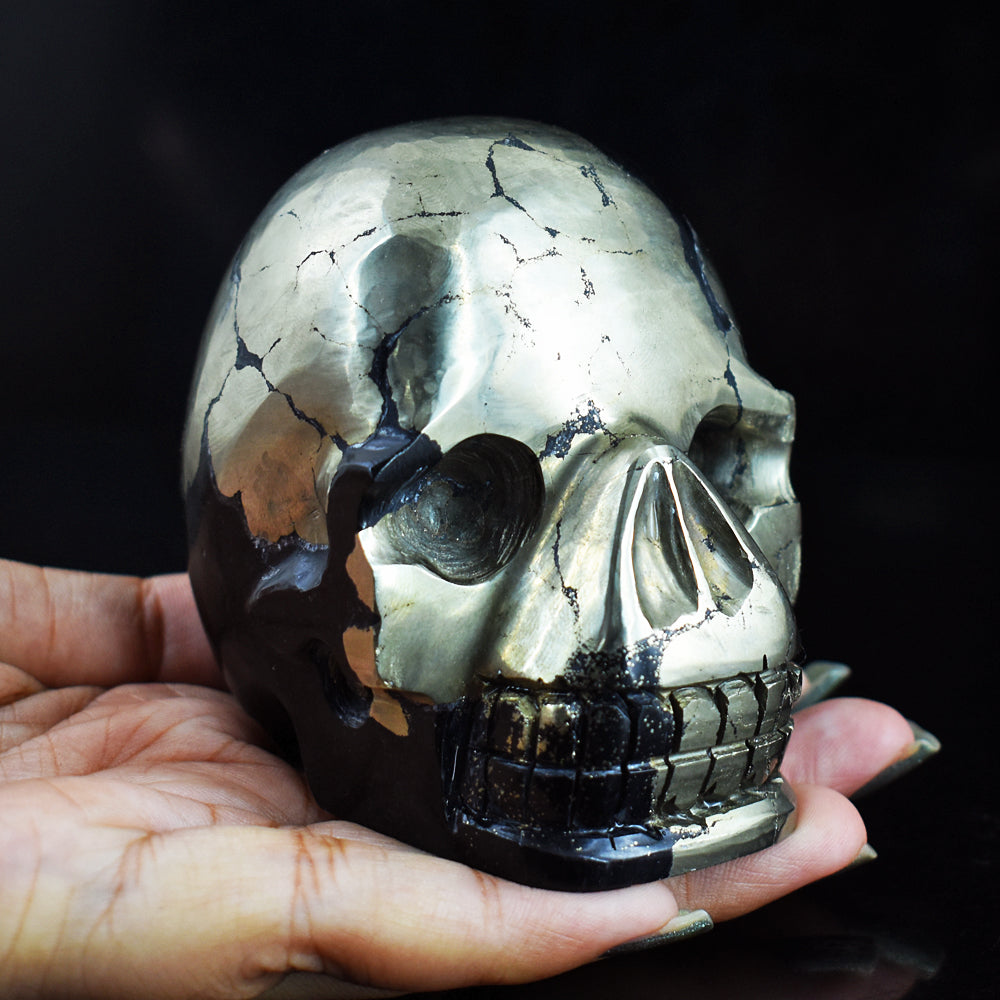 Craftsmen 3497.00 Carats  Genuine  Golden Pyrite  Hand  Carved  Gemstone  Skull  Carving