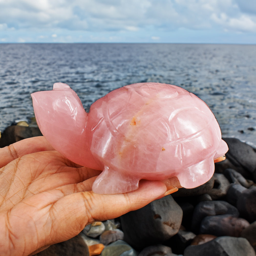 Natural 1220.00 Carats Genuine Pink Rose Quartz Hand Carved Crystal  Gemstone Turtle Carving