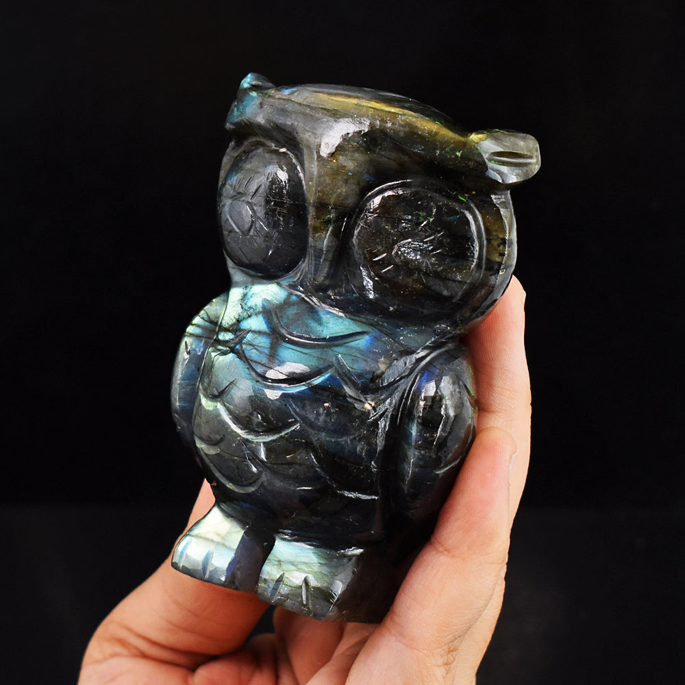Amazing 1389.00 Carats  Genuine Golden & Blue Flash Labradorite Hand Carved Gemstone Owl Carving
