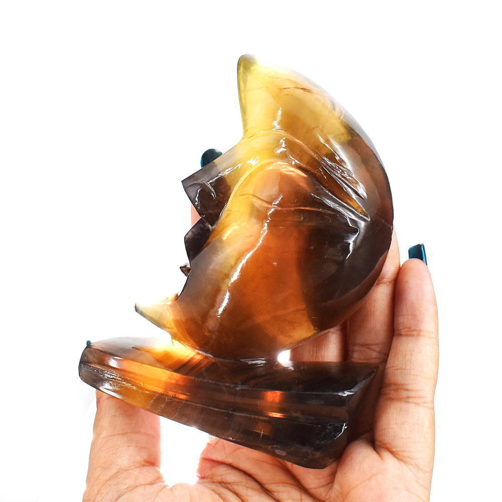 Natural  1393.00  Cts Genuine Multicolor Fluorite Moon With Stand Hand Carved Gemstone Carving