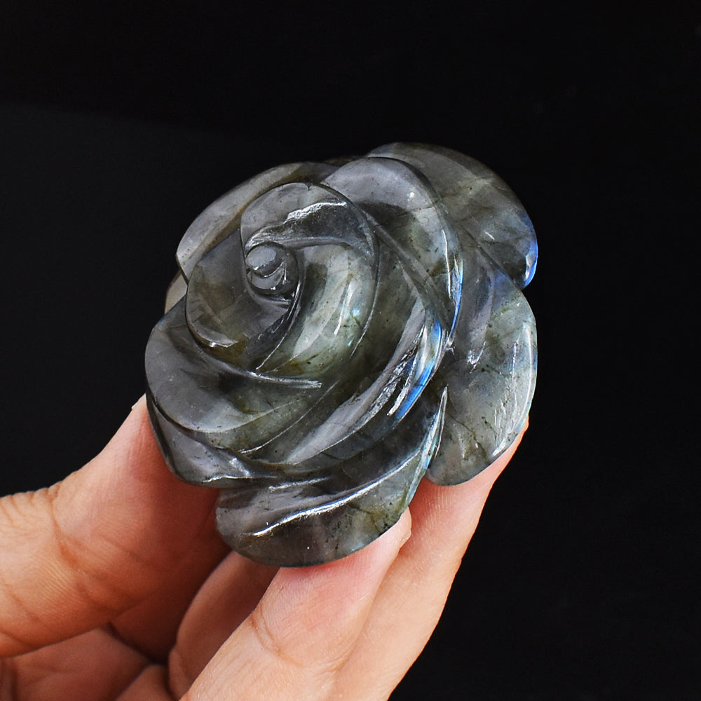 393.00 Carats  Genuine  Blue Flash Labradorite  Hand Carved  Gemstone  Crystal Rose  Flower  Carving