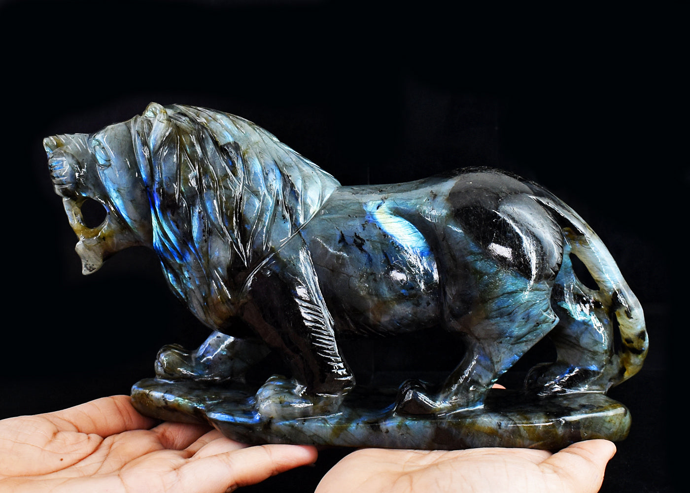 Stunning 8975.00 Cts Genuine Amazing Flash Labradorite  Hand Carved Crystal Gemstone Lion  Carving