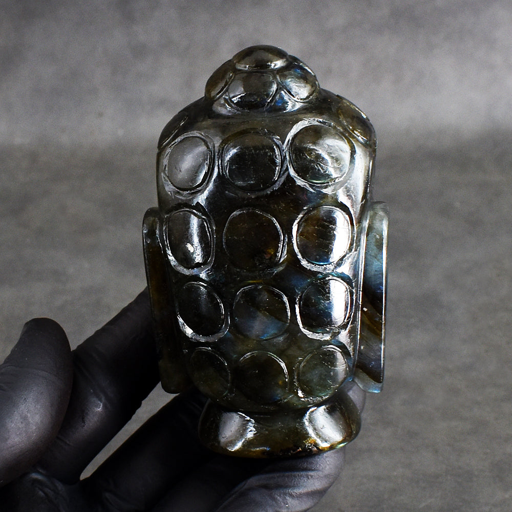 Exclusive 1463.00 Cts Genuine Golden & Blue Flash Labradorite Hand Carved Buddha Head Carving