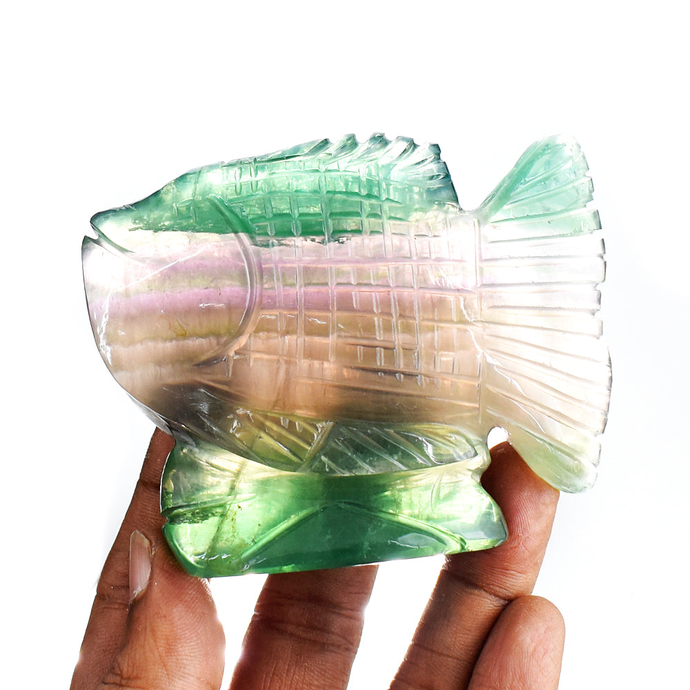 Gorgeous 1384.00 Cts Genuine Multicolor Fluorite Hand Carved  Crystal Gemstone Carving Fish
