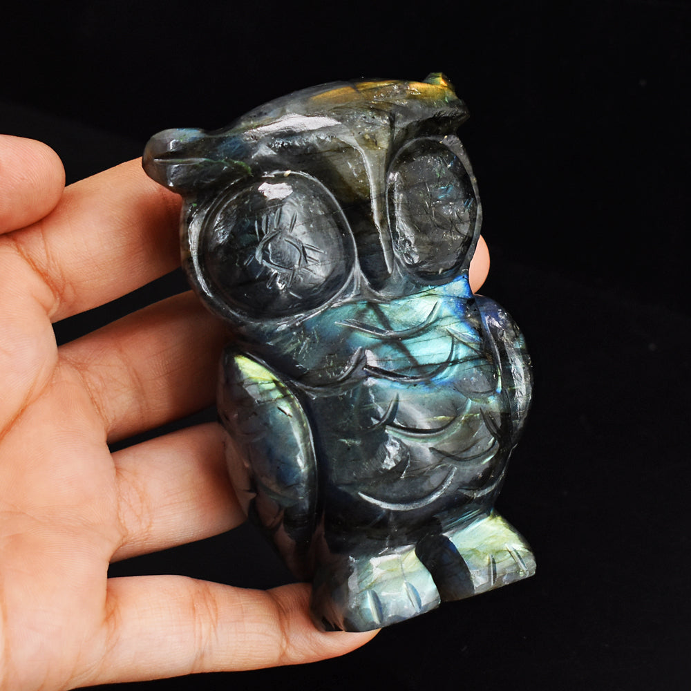 Amazing 1389.00 Carats  Genuine Golden & Blue Flash Labradorite Hand Carved Gemstone Owl Carving