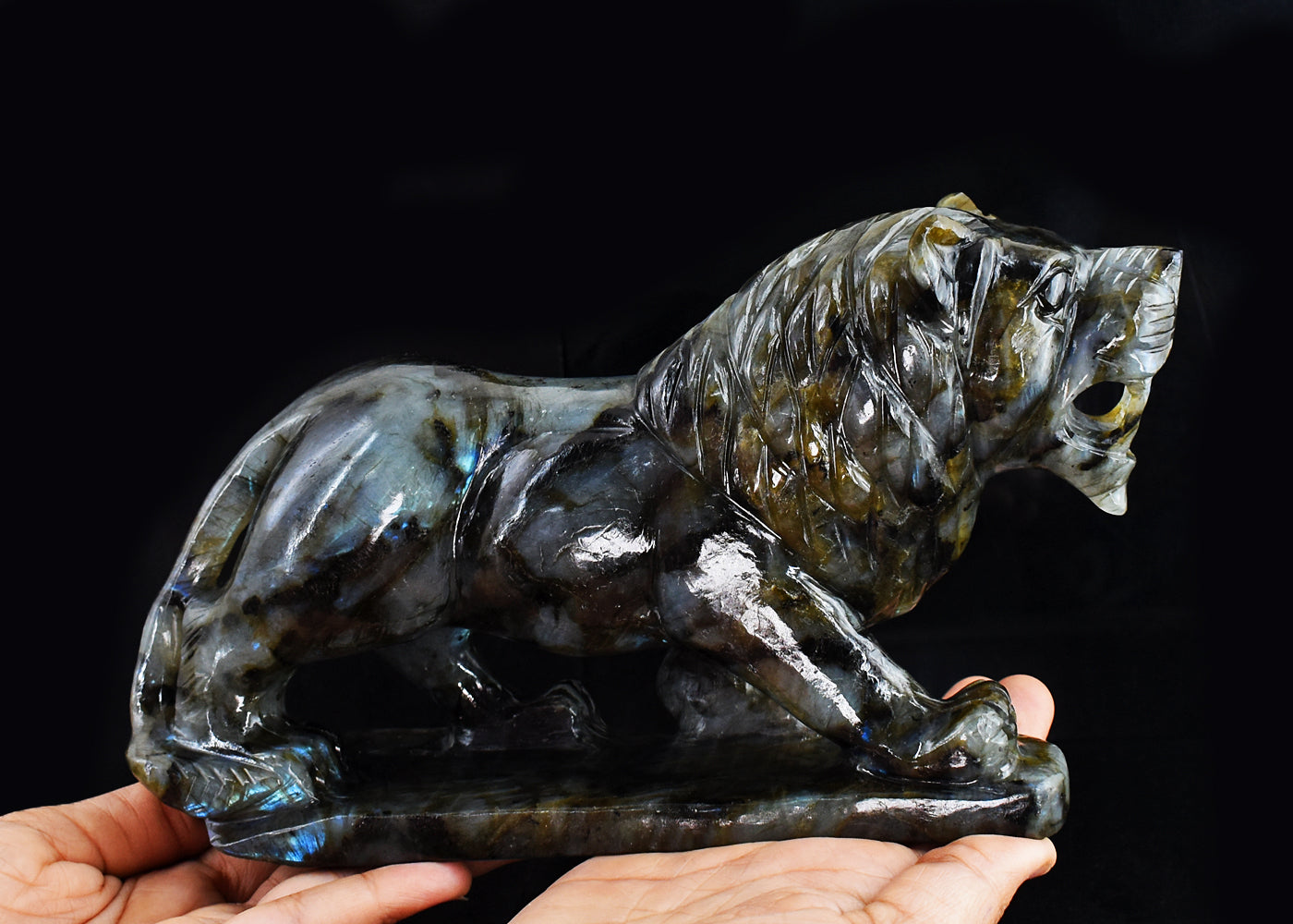 Stunning 8975.00 Cts Genuine Amazing Flash Labradorite  Hand Carved Crystal Gemstone Lion  Carving