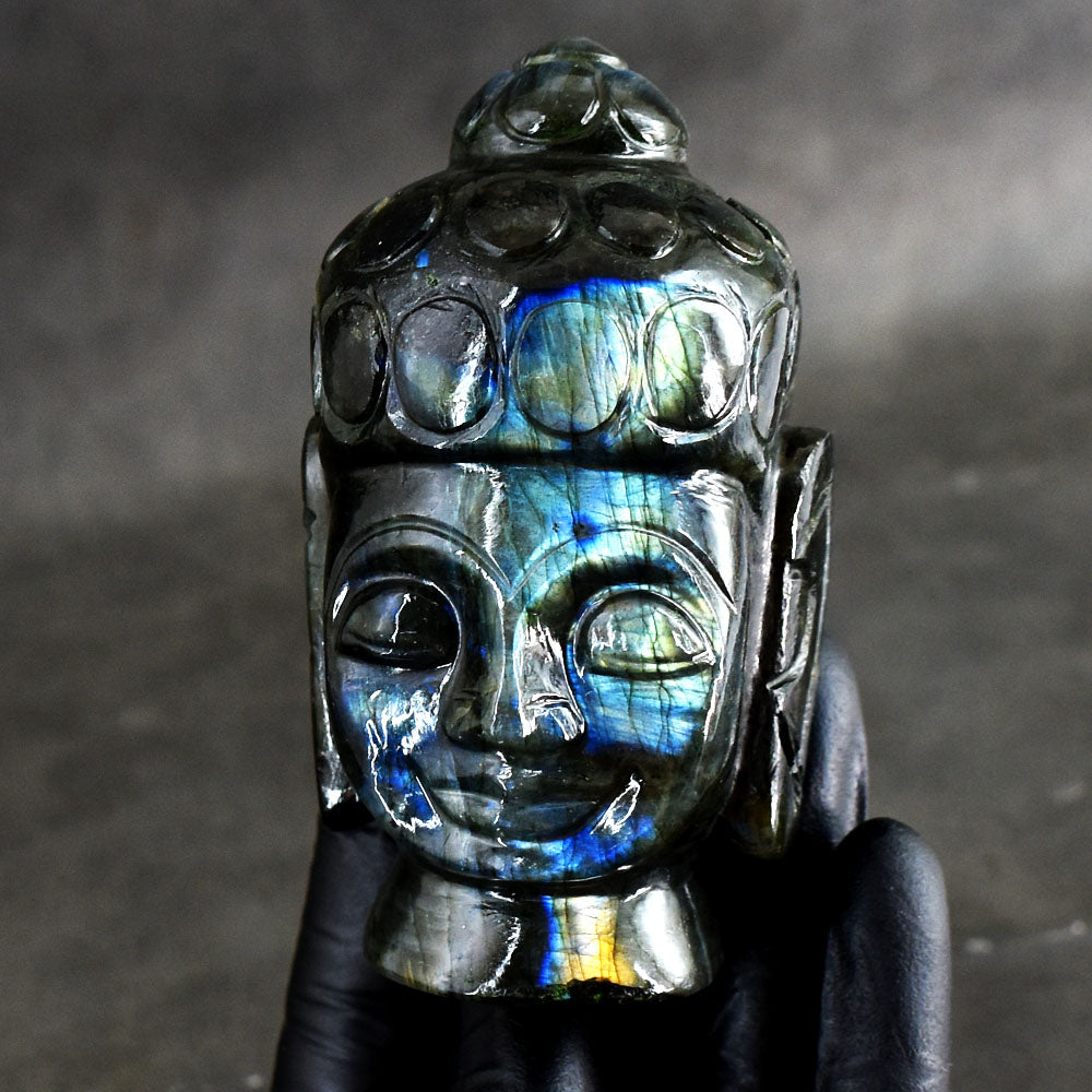 Craftsmen 1400.00 Carats Genuine Golden & Blue Flash Labradorite Hand Carved Gemstone Buddha Head Carving