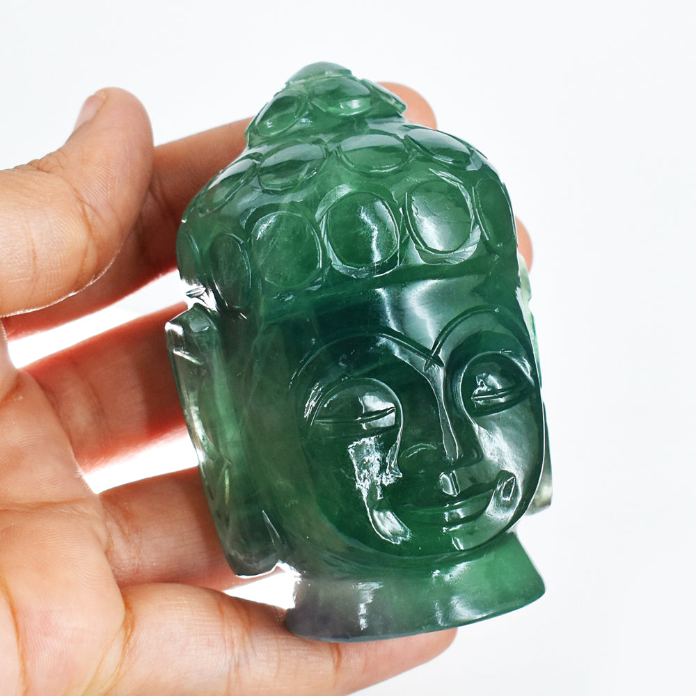 Genuine 1471.00 Carats Multicolor Fluorite Hand Carved Crystal Buddha Head Gemstone Carving