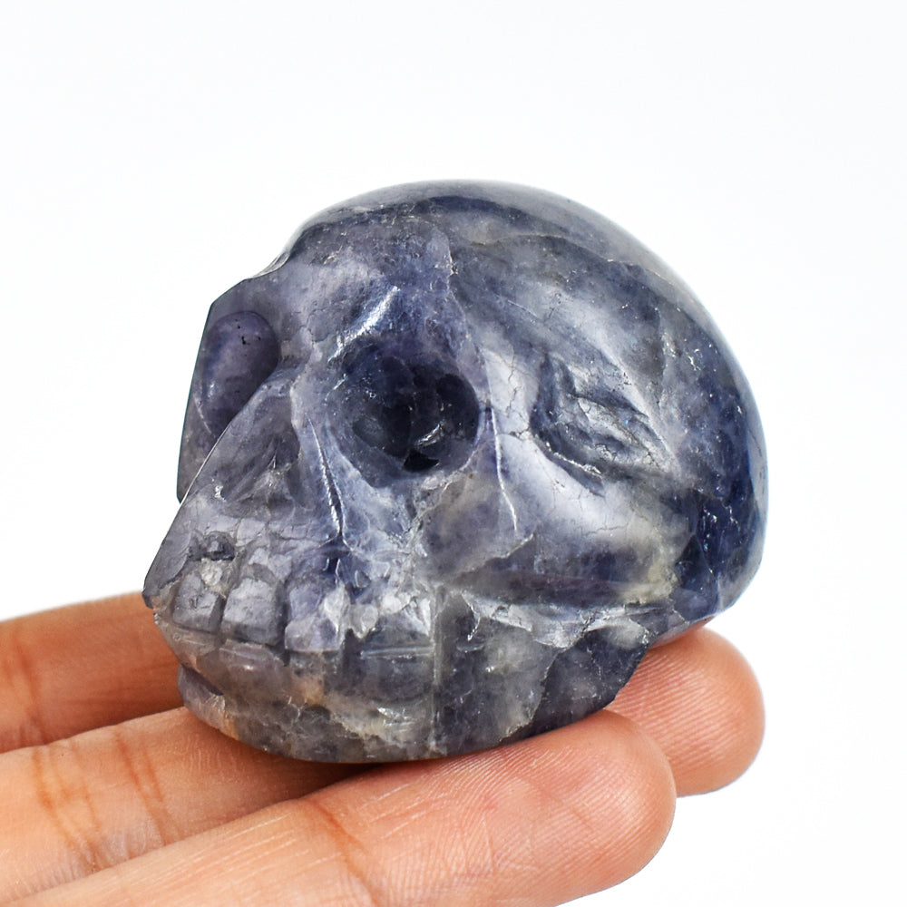 Artisian  384.00 Carats  Genuine  Blue Iolite  Hand Carved Crystal  Skull  Gemstone  Carving