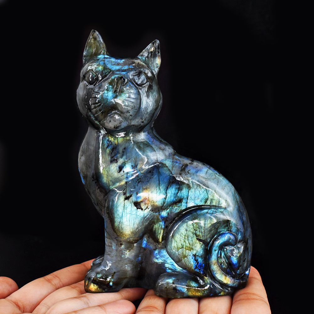Awesome 3062.00  Cts  Genuine Amazing Flash Labradorite  Hand Carved Crystal Gemstone Cat Carving