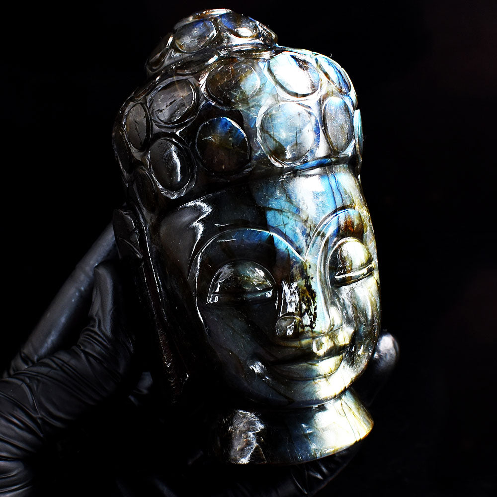 Awesome 3290.00 Cts Genuine Blue & Golden Flash Labradorite Hand Carved Gemstone Buddha Head Carving