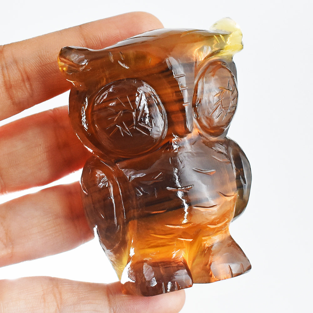 1215.00 Carats  Genuine Multicolor Fluorite Hand Carved Crystal Gemstone Owl Carving