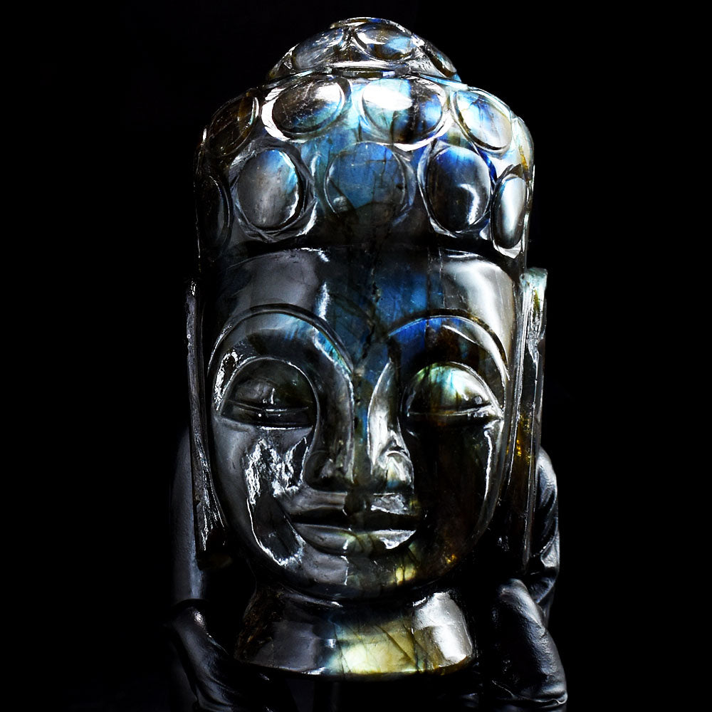 Awesome 3290.00 Cts Genuine Blue & Golden Flash Labradorite Hand Carved Gemstone Buddha Head Carving