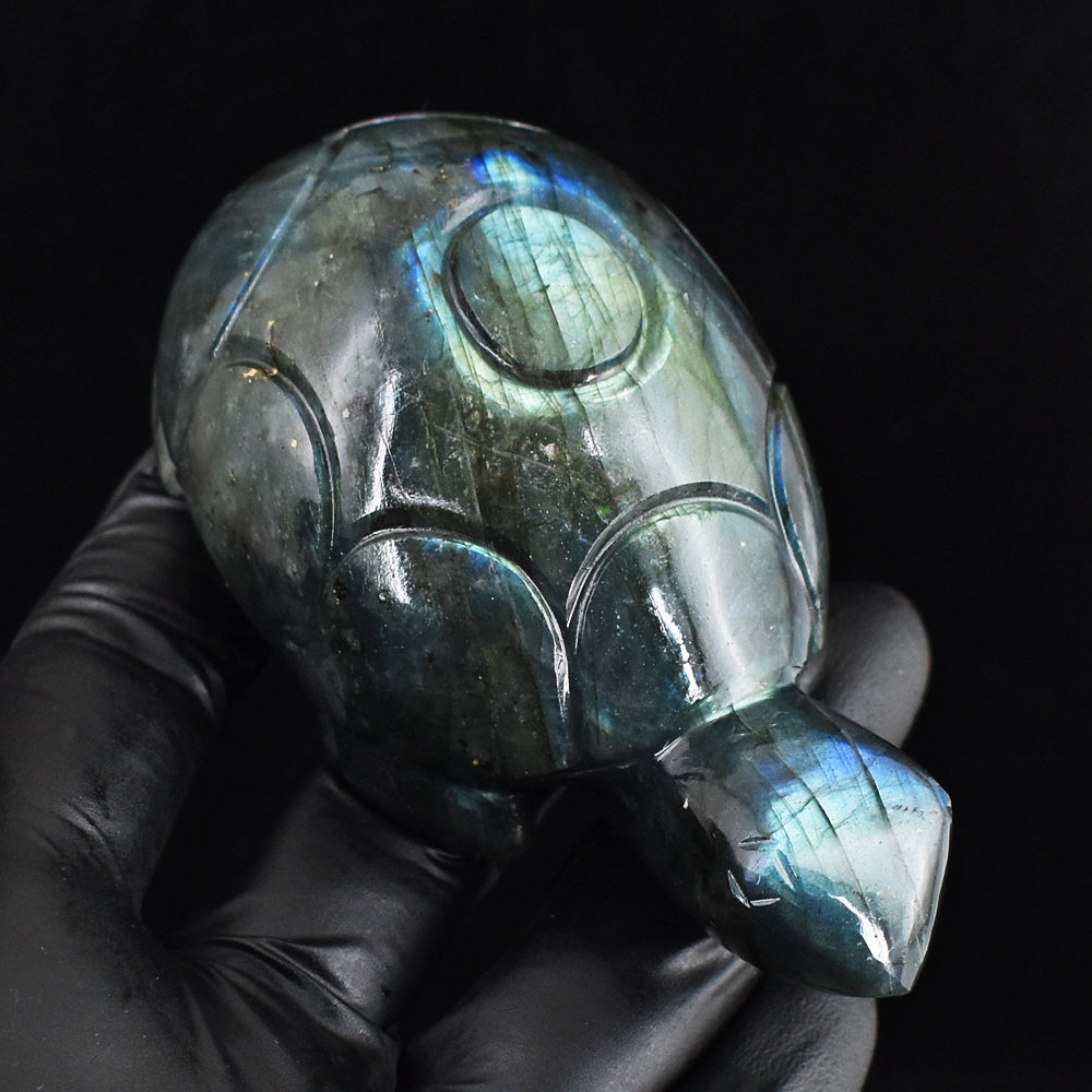 Craftsmen 890.00 Cts Genuine Amazing Flash Labradorite Hand Carved Gemstone Turtle Carving