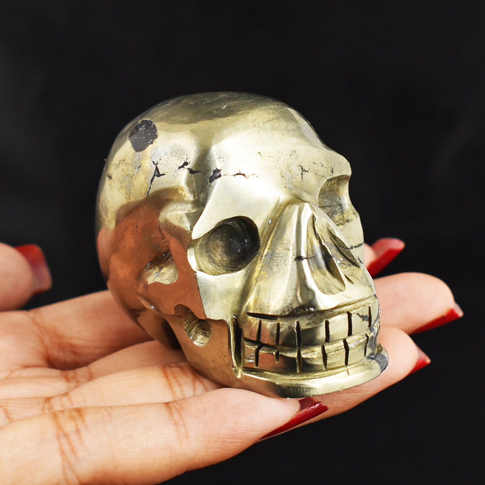 Craftsmen 1163.00 Carats  Genuine  Golden  Pyrite  Hand  Carved  Gemstone  Skull  Carving