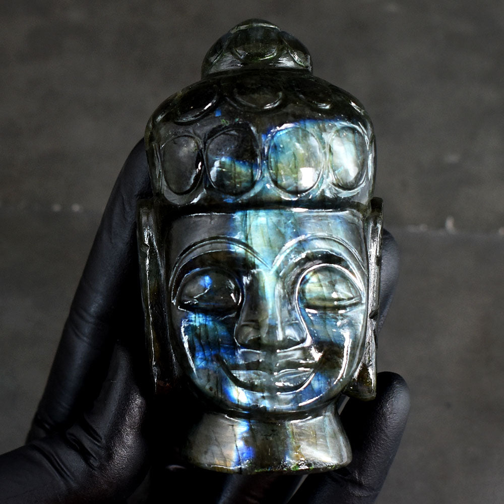 Craftsmen 1400.00 Carats Genuine Golden & Blue Flash Labradorite Hand Carved Gemstone Buddha Head Carving