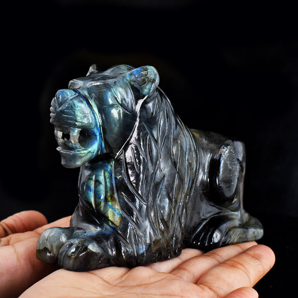 Awesome 4051.00 Cts Genuine Amazing Flash Labradorite Hand Carved Crystal Gemstone Lion Carving