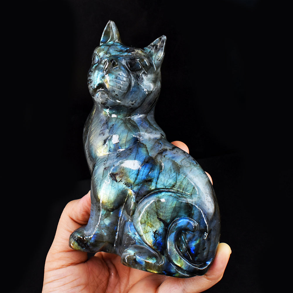 Awesome 3062.00  Cts  Genuine Amazing Flash Labradorite  Hand Carved Crystal Gemstone Cat Carving