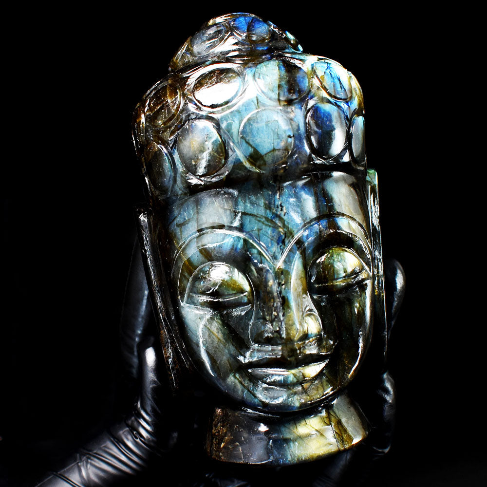 Awesome 3290.00 Cts Genuine Blue & Golden Flash Labradorite Hand Carved Gemstone Buddha Head Carving