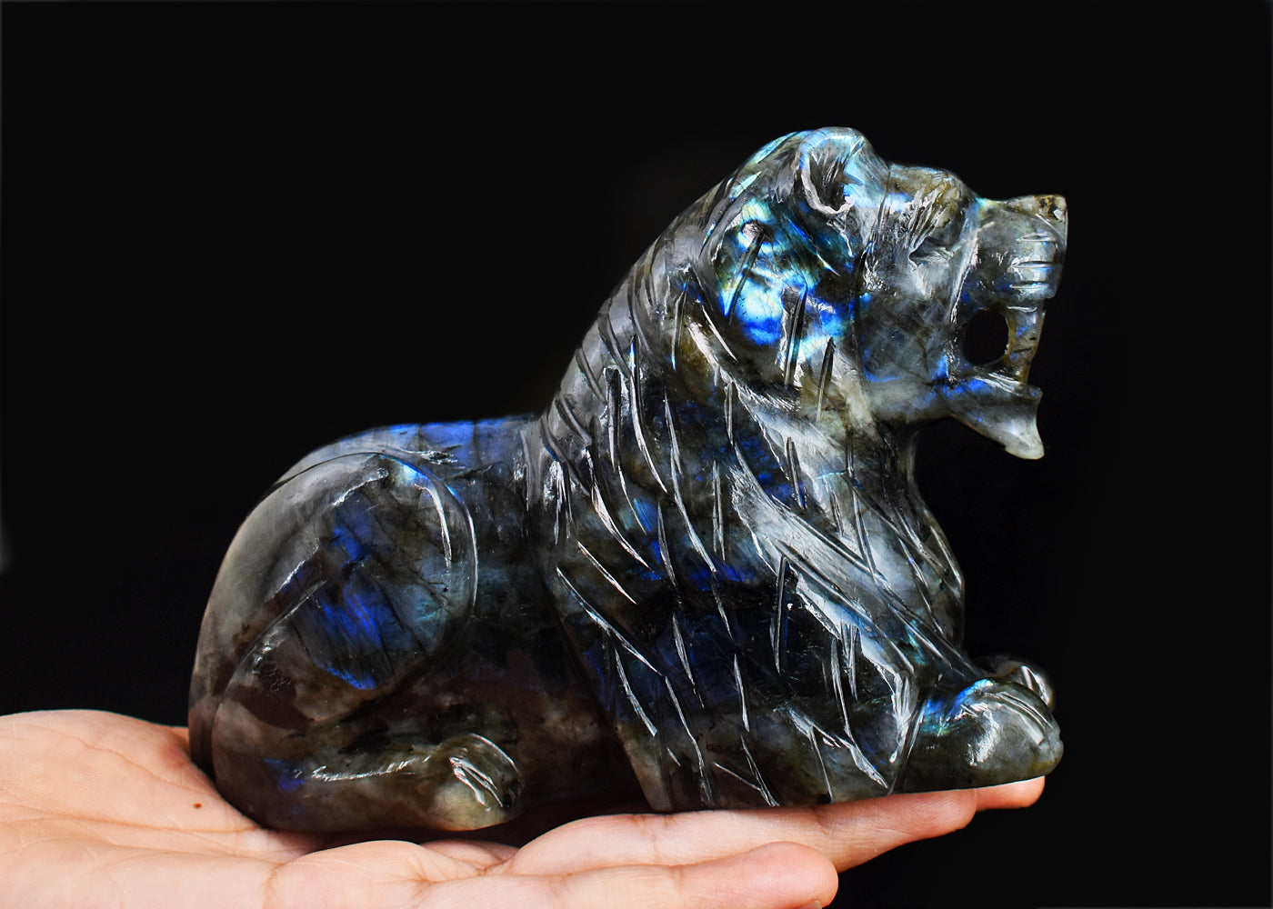 Blue Flash Labradorite 3914.00 Carats Genuine Hand Carved Crystal Gemstone Carving Lion