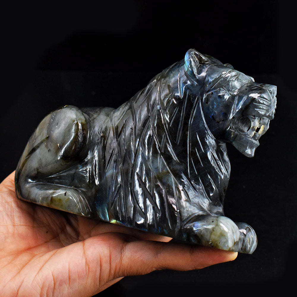 Awesome 4051.00 Cts Genuine Amazing Flash Labradorite Hand Carved Crystal Gemstone Lion Carving