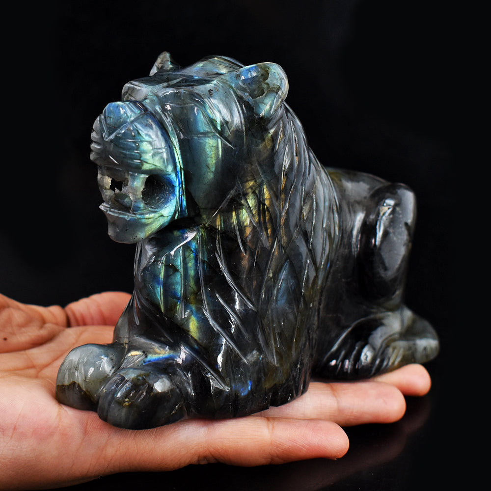 Awesome 4051.00 Cts Genuine Amazing Flash Labradorite Hand Carved Crystal Gemstone Lion Carving
