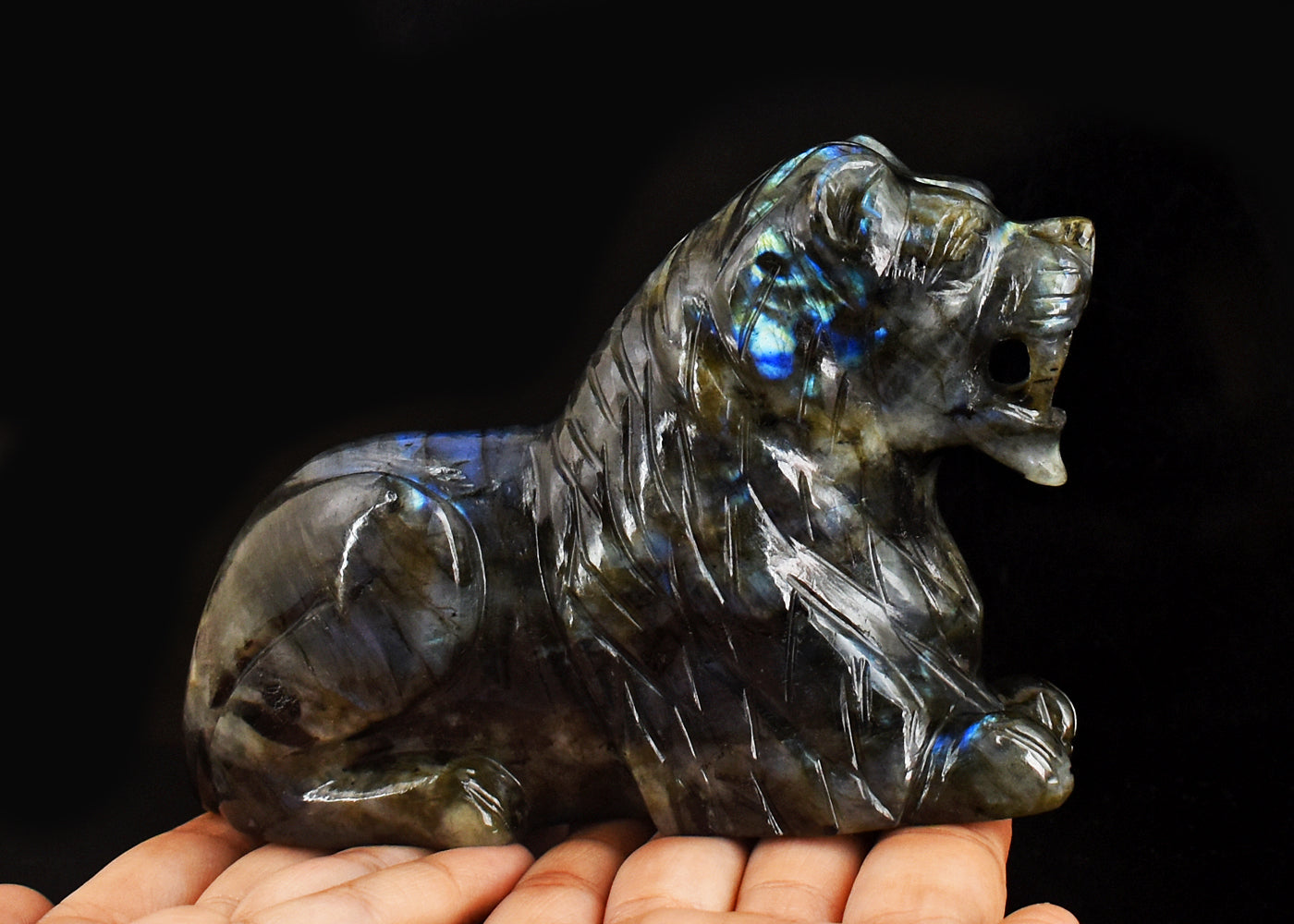 Blue Flash Labradorite 3914.00 Carats Genuine Hand Carved Crystal Gemstone Carving Lion