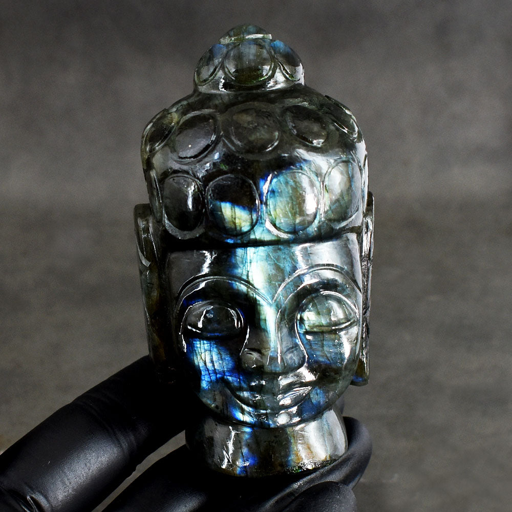 Craftsmen 1400.00 Carats Genuine Golden & Blue Flash Labradorite Hand Carved Gemstone Buddha Head Carving