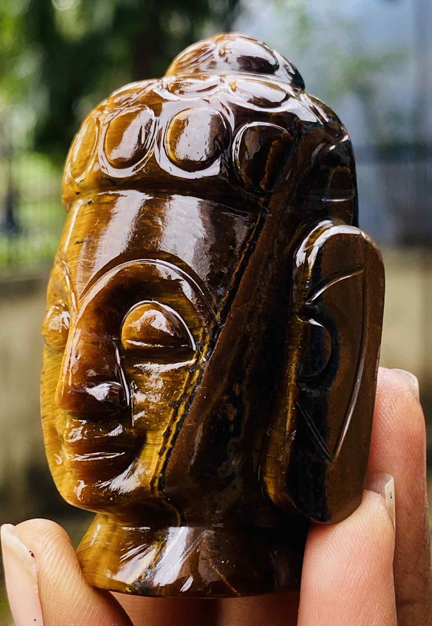 Awesome  602.00 Cts Genuine Tiger Eye Hand Carved Genuine Crystal Gemstone Carving Buddha Head