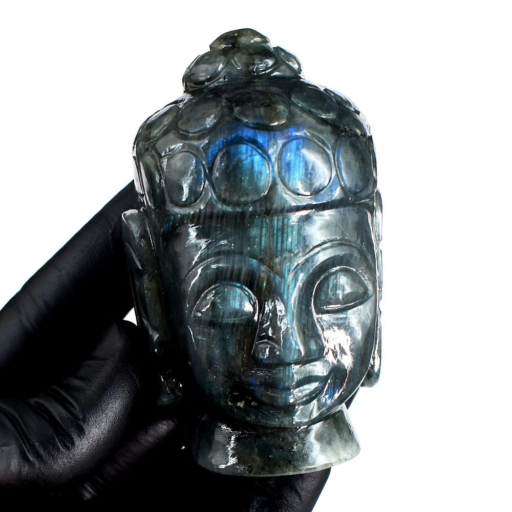 Genuine 1060.00 Cts Natural Blue Flash Labradorite Hand Carved Gemstone Buddha Head Crystal Carving