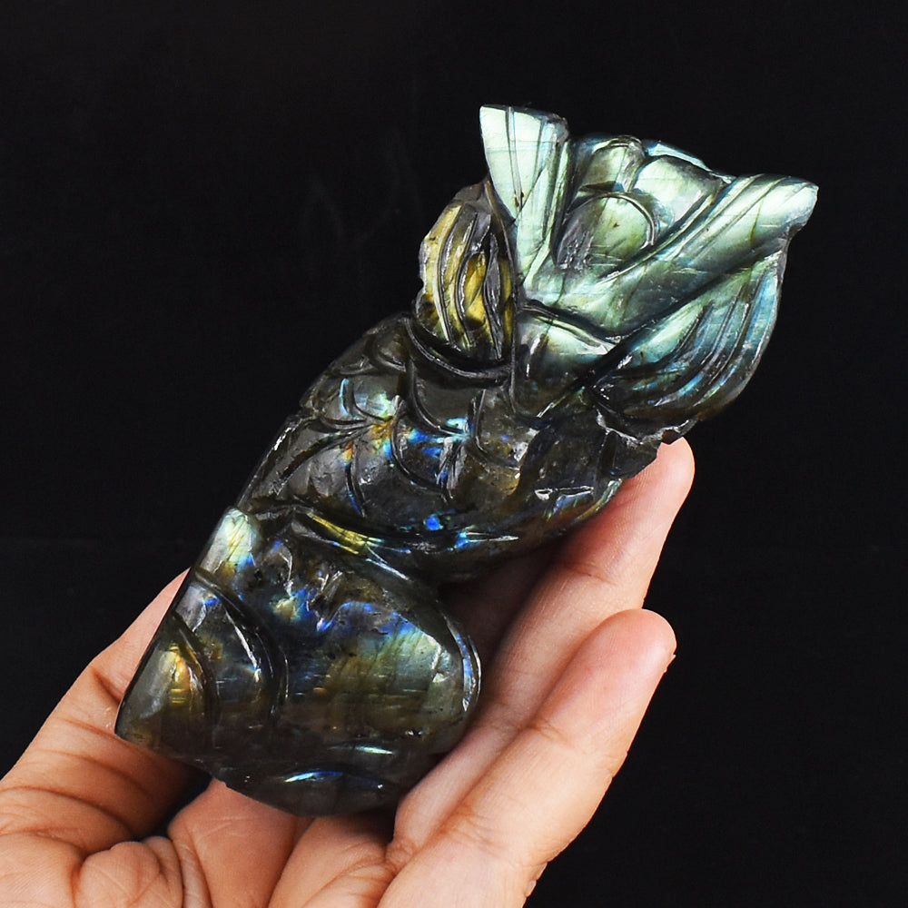 Amazing Flash Labradorite 1480.00 Carats Genuine  Hand Carved Crystal Gemstone Owl Carving