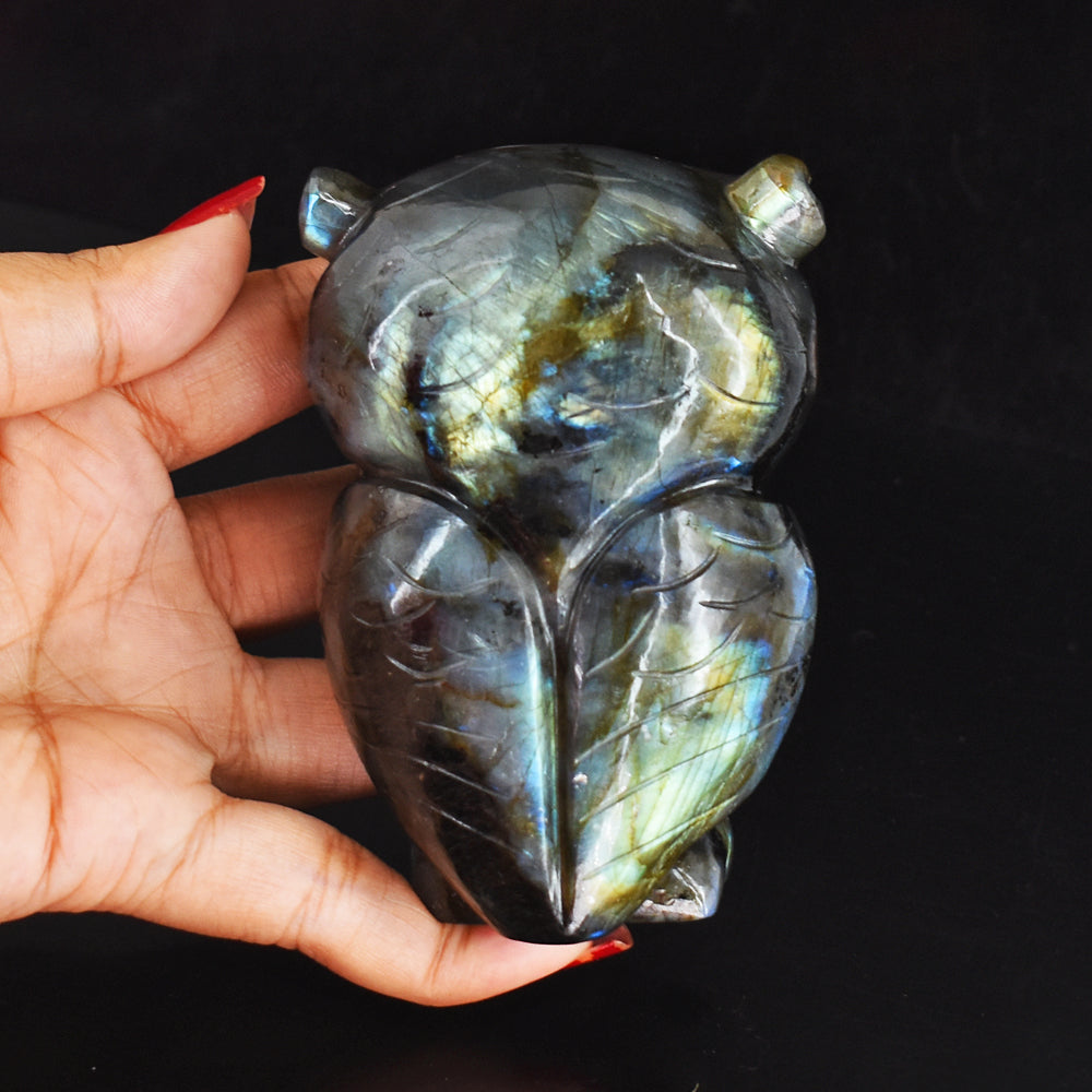 Awesome 1900.00  Cts  Genuine Amazing Flash Labradorite  Hand Carved Gemstone Owl Carving