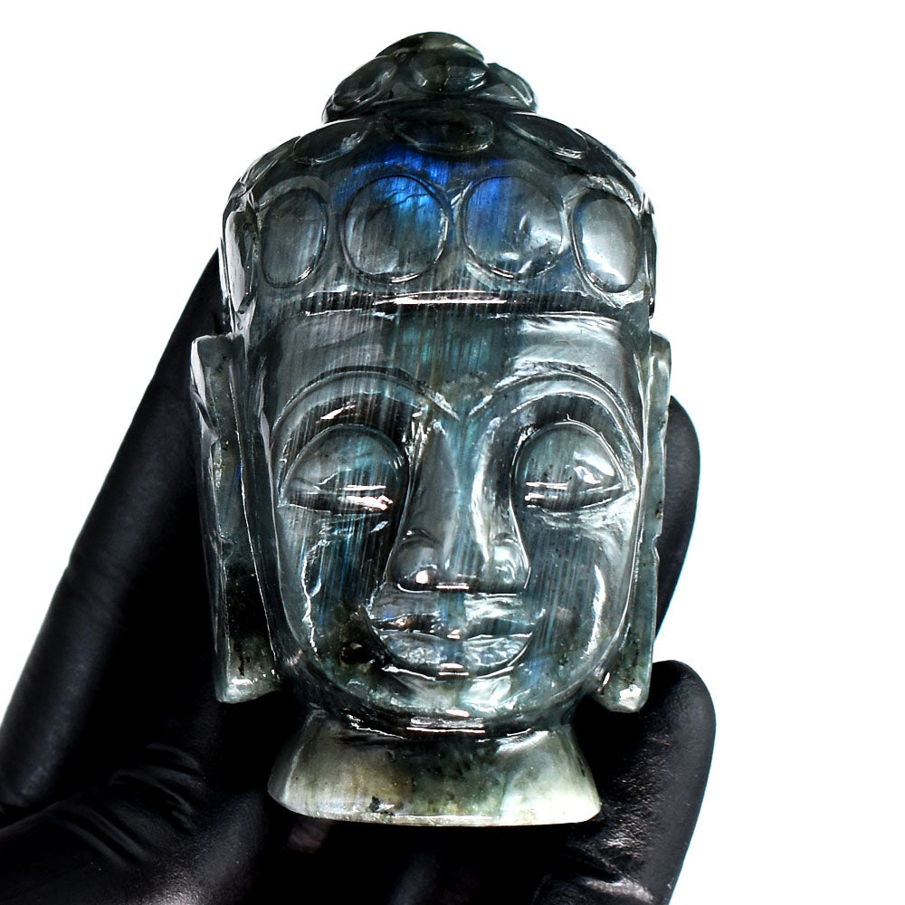 Genuine 1060.00 Cts Natural Blue Flash Labradorite Hand Carved Gemstone Buddha Head Crystal Carving