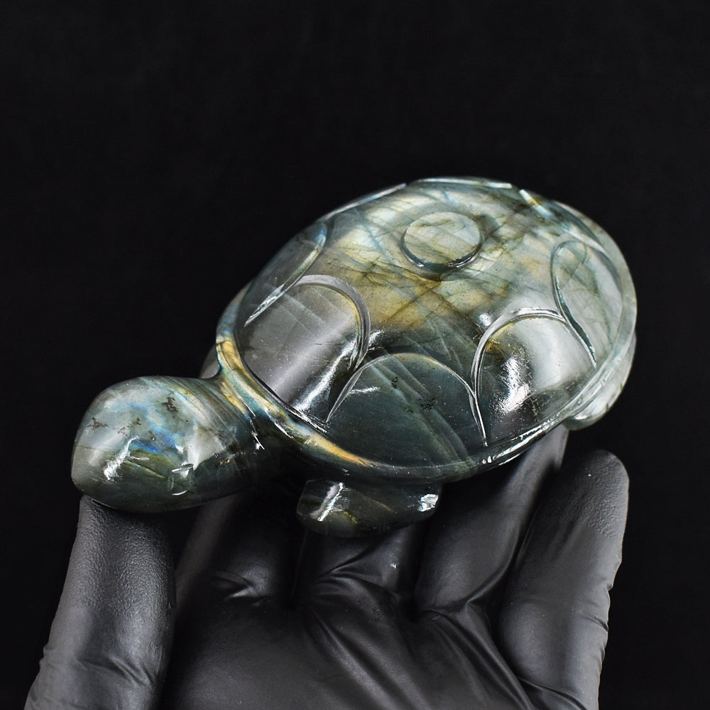 Craftsmen 1063.00 Cts Genuine Golden Flash Labradorite Carved Turtle Gemstone Crystal Carving