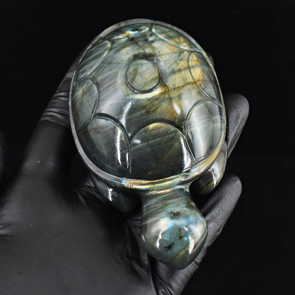 Craftsmen 1063.00 Cts Genuine Golden Flash Labradorite Carved Turtle Gemstone Crystal Carving