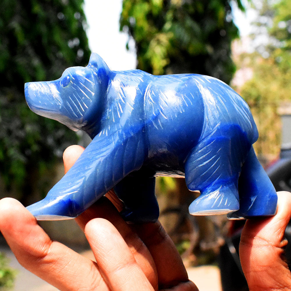 Artisian 2167.00 Cts Genuine Blue Iolite Gemstone Hand Carved Bear Crystal Carving