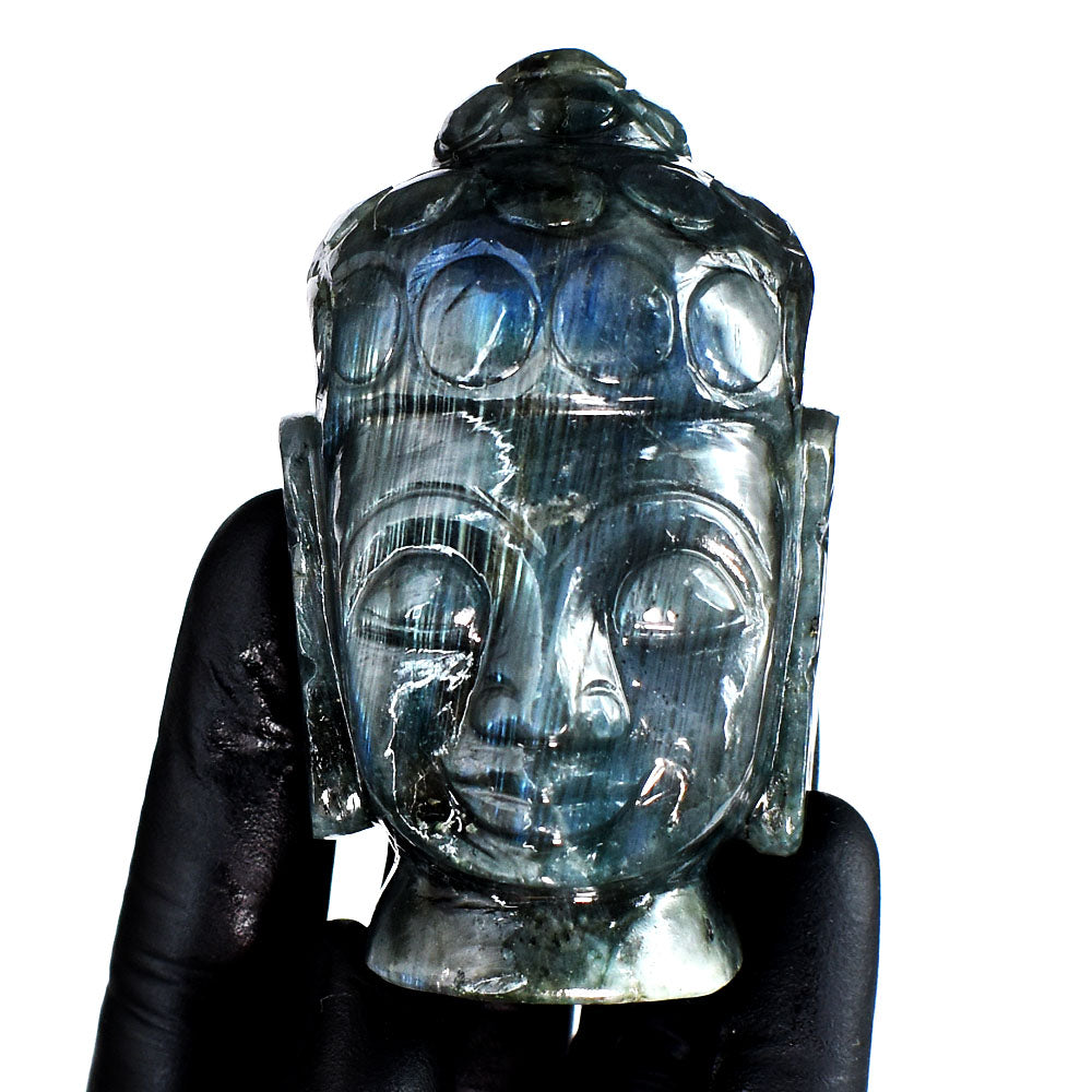 Genuine 1060.00 Cts Natural Blue Flash Labradorite Hand Carved Gemstone Buddha Head Crystal Carving