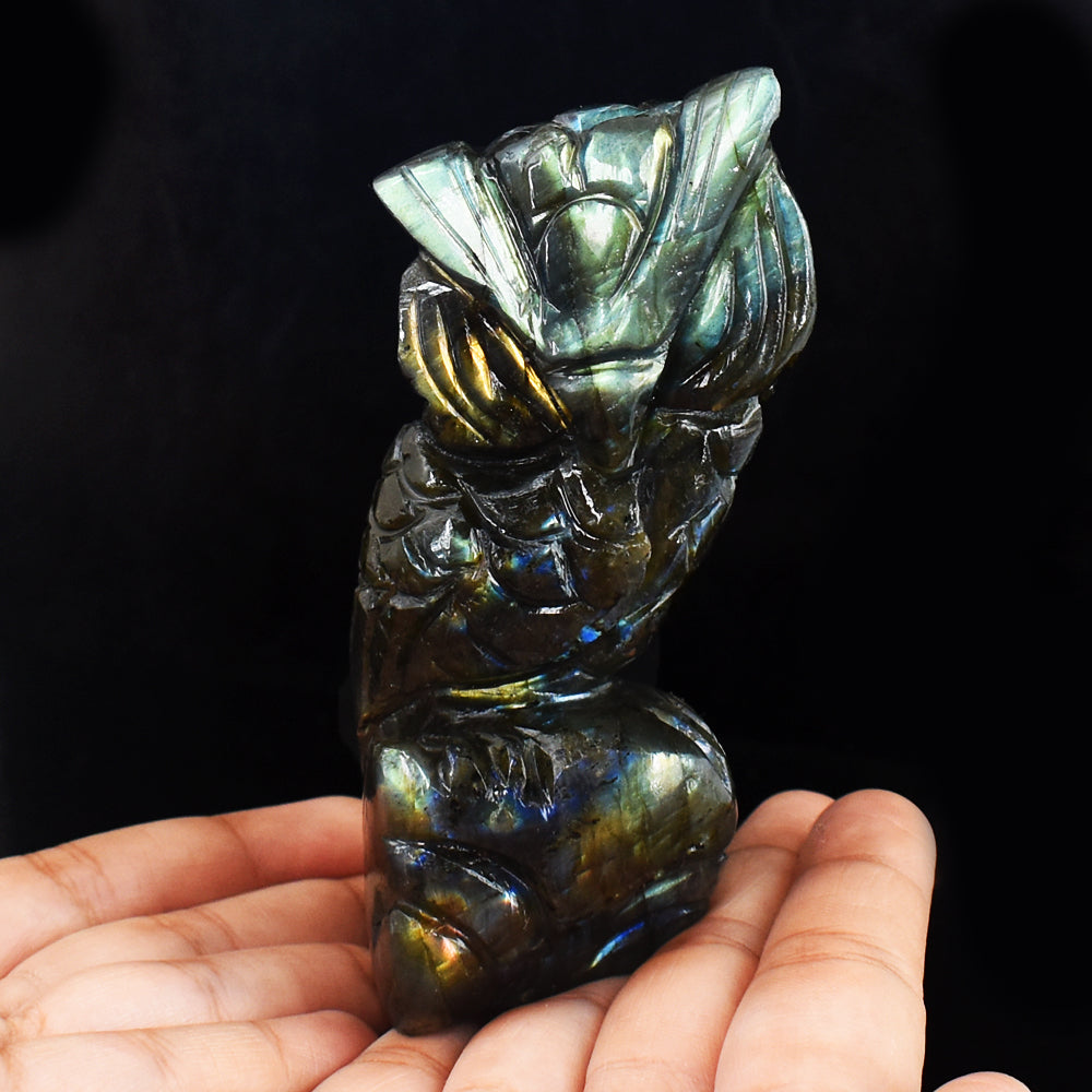 Amazing Flash Labradorite 1480.00 Carats Genuine  Hand Carved Crystal Gemstone Owl Carving