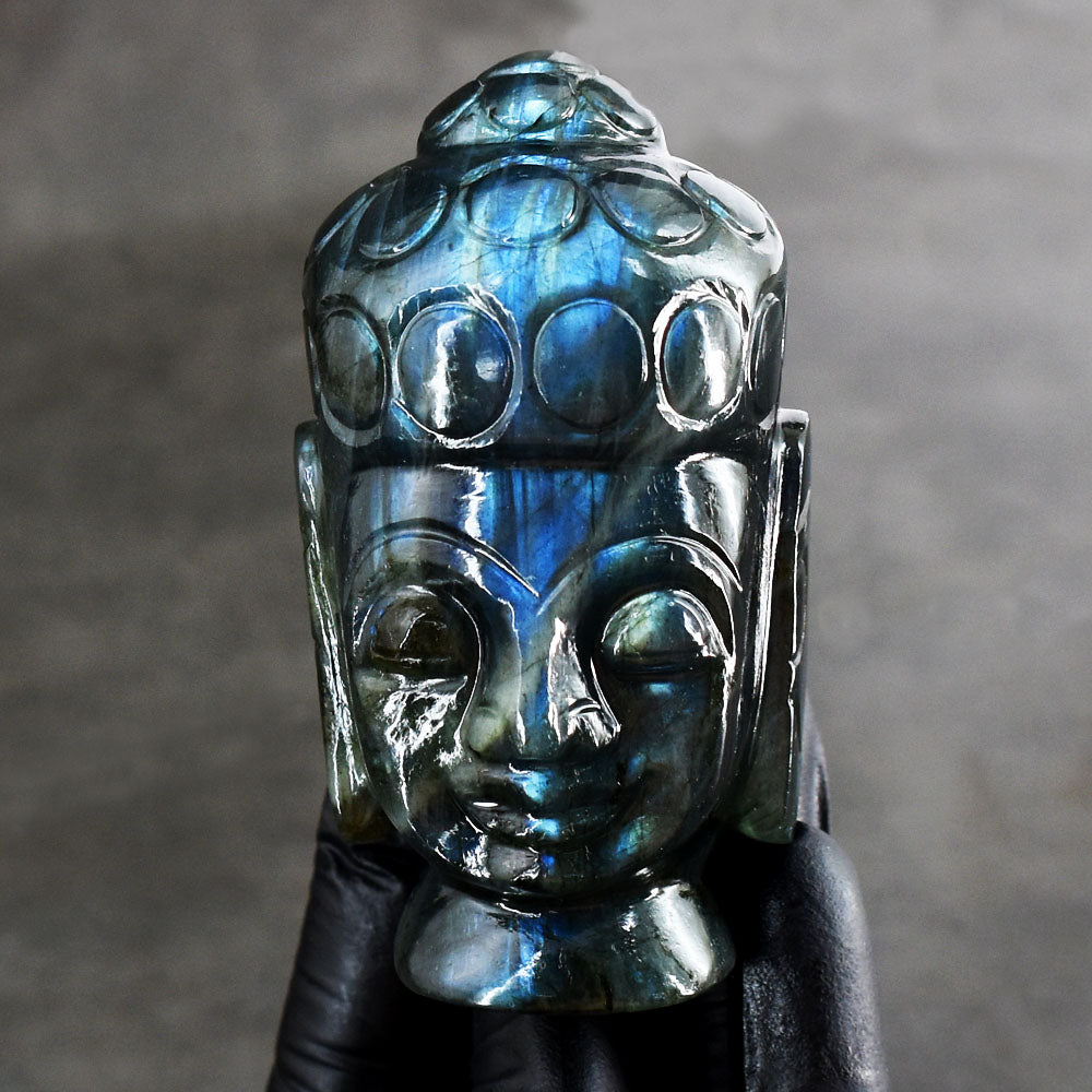 Gorgeous 1080.00 Cts Genuine Blue Flash Labradorite Hand Carved Crystal Gemstone Buddha Head Carving