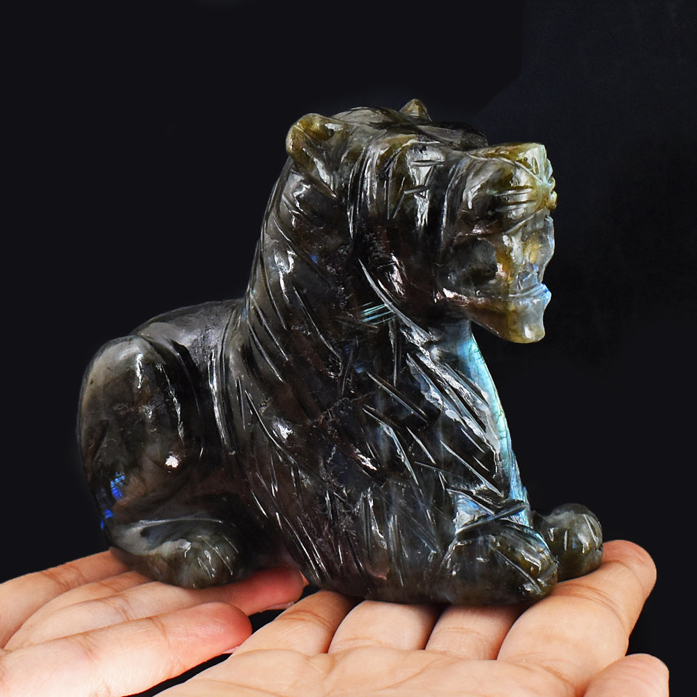Exclusive 3483.00 Carats Genuine Blue Flash Labradorite Hand Carved Lion Gemstone Carving