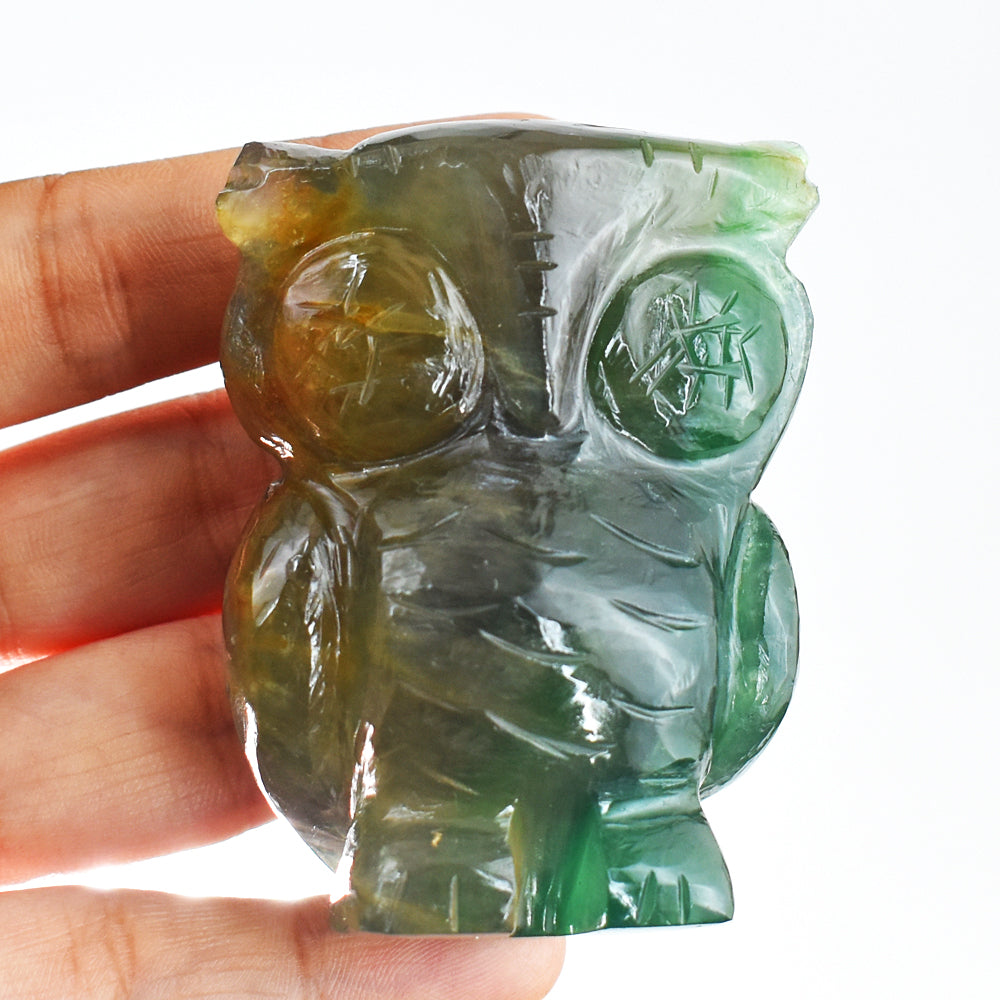 Artisian 949.00 Cts Genuine Multicolor Fluorite Hand Carved Crystal Gemstone Owl Carving