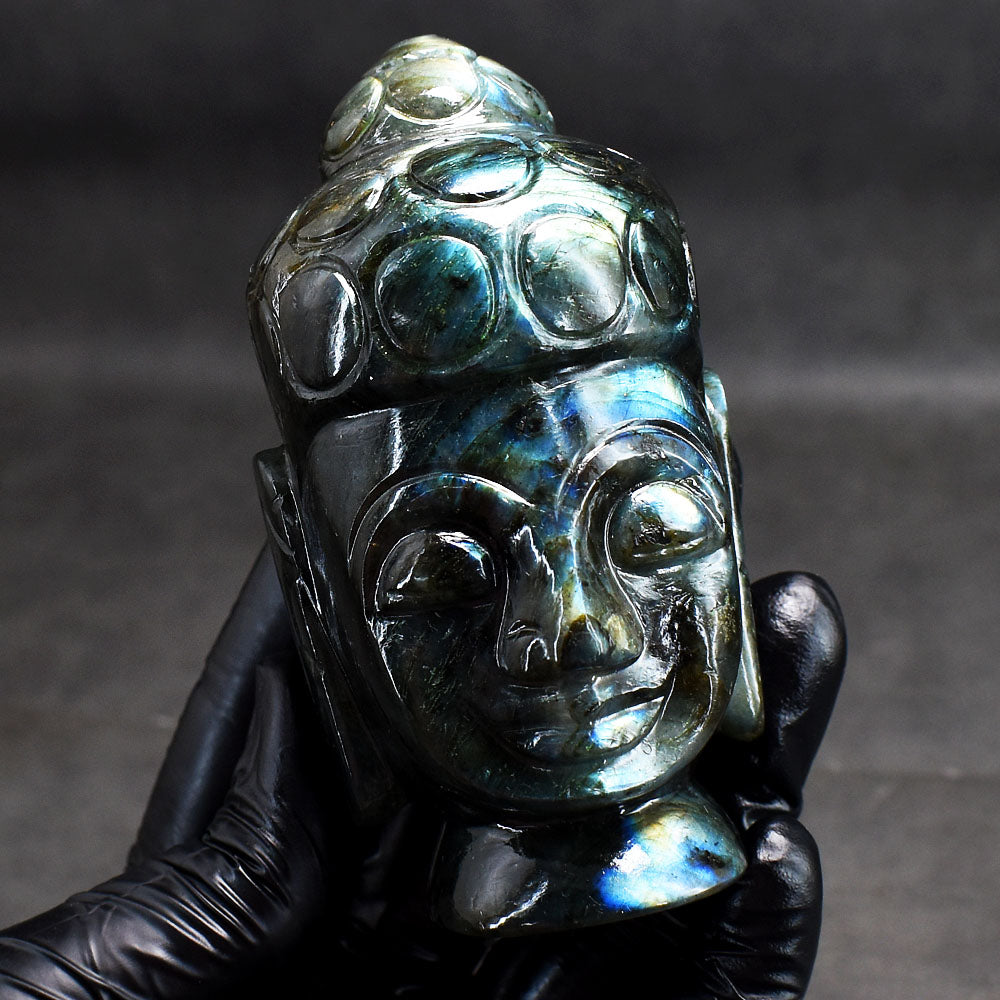 Genuine 1731.00 Carats Artisian Blue Flash Labradorite Hand Carved Crystal Gemstone Buddha Head Carving