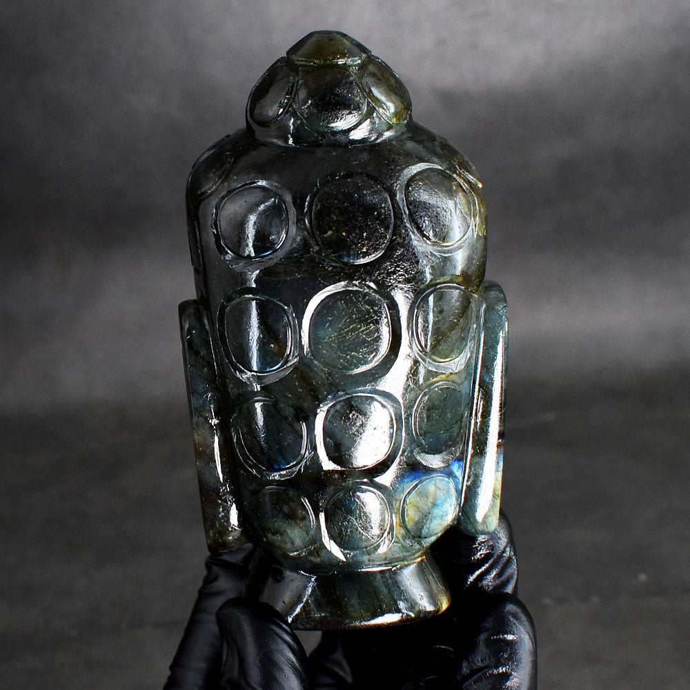 Genuine 1731.00 Carats Artisian Blue Flash Labradorite Hand Carved Crystal Gemstone Buddha Head Carving