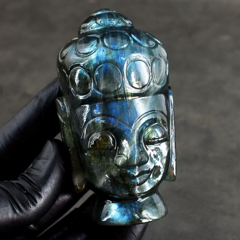 Gorgeous 1080.00 Cts Genuine Blue Flash Labradorite Hand Carved Crystal Gemstone Buddha Head Carving