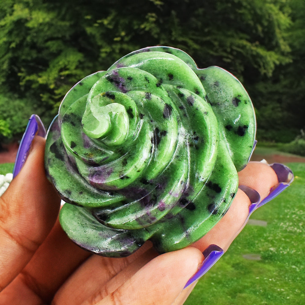 572.00 Cts Exclusive Ruby Zoisite Hand  Carved  Genuine Carving Rose Flower Gemstone