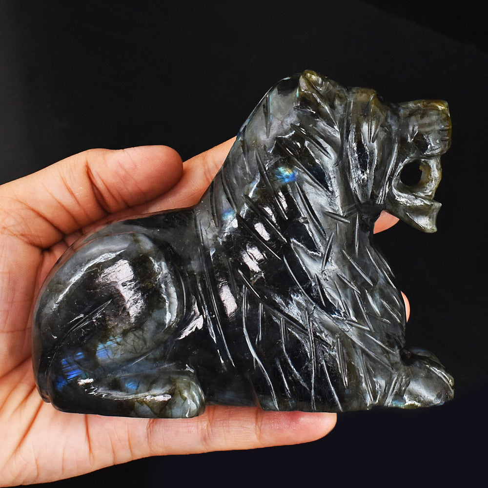 Exclusive 3483.00 Carats Genuine Blue Flash Labradorite Hand Carved Lion Gemstone Carving