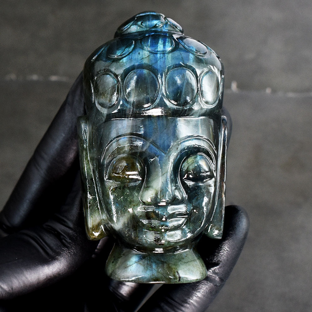 Gorgeous 1080.00 Cts Genuine Blue Flash Labradorite Hand Carved Crystal Gemstone Buddha Head Carving