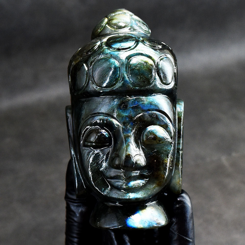 Genuine 1731.00 Carats Artisian Blue Flash Labradorite Hand Carved Crystal Gemstone Buddha Head Carving