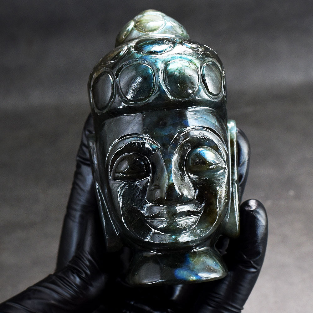 Genuine 1731.00 Carats Artisian Blue Flash Labradorite Hand Carved Crystal Gemstone Buddha Head Carving